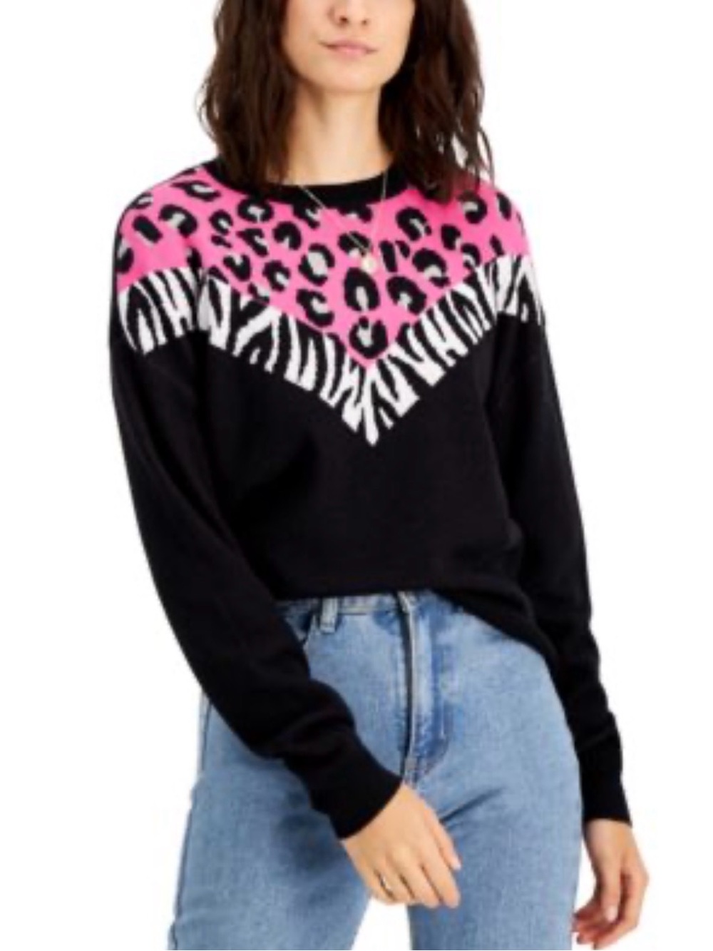 Bar III Pink & Black Animal-Print Crewneck Sweater